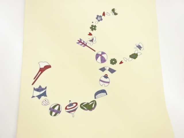  玩具・草花・蝶模様名古屋帯